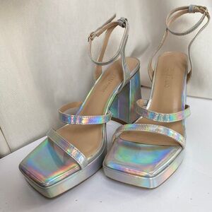 Iridescent Silver Strappy Chunky Heels